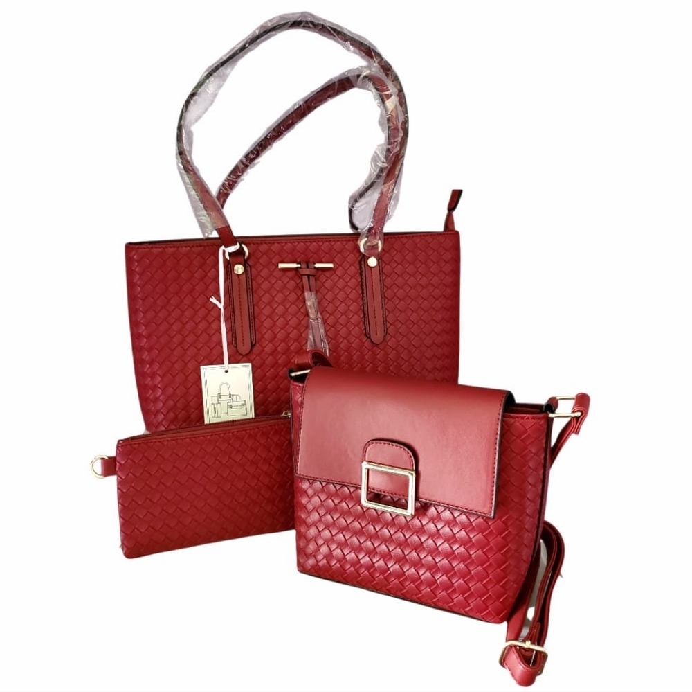 Boutique Red 3-Piece Tote & Crossbody Set - Woven Design